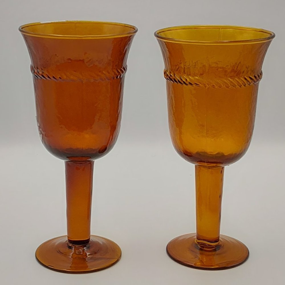 Pier 1 - Set Of 2 Amber Handcrafted Mouth-Blown Wine Goblets/Chalice  New In Box